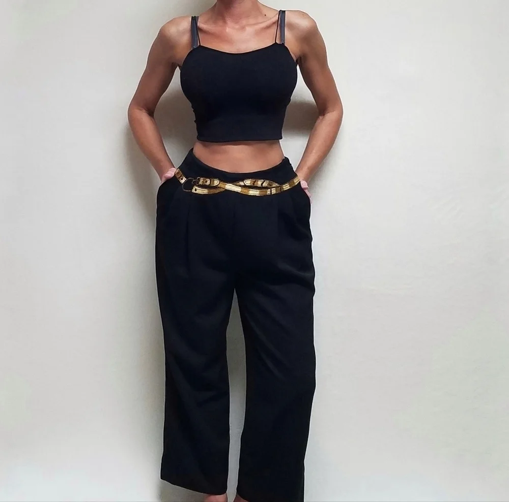 Rare Vintage 70s Western Privata Black Wool Faux Belt High Waisted Cropped Pants